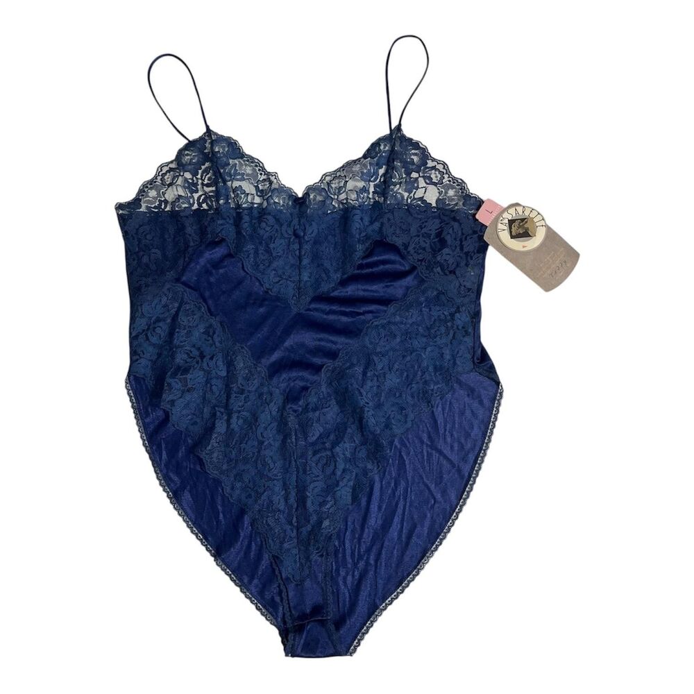 Vassarette Teddy Bodysuit Vintage Navy Satin Lace High Leg Sheer USA Romper Sz L